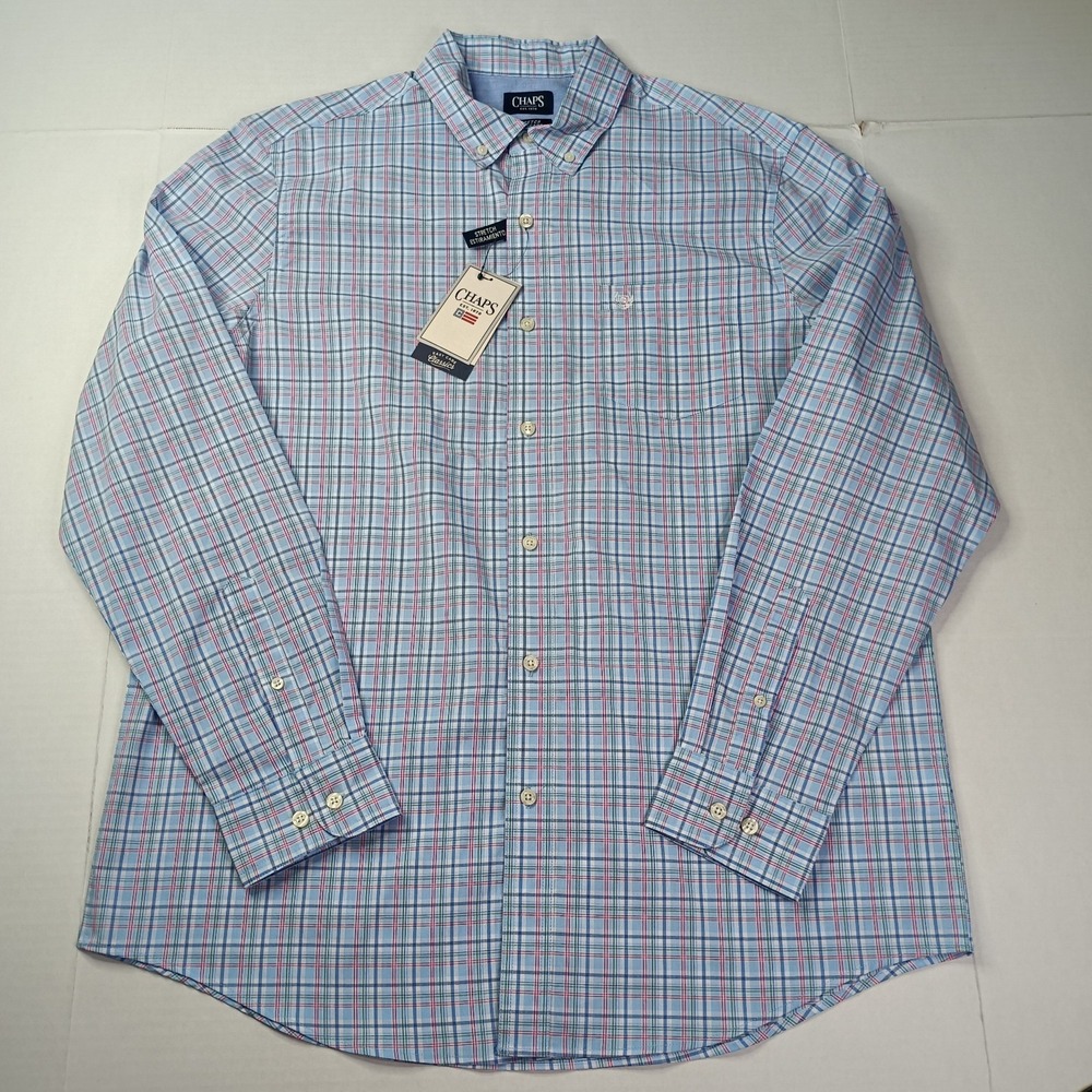 Chaps Easy Care Woven Shirt Men's Size L Blue‎ Bell Plaid Stretch Classic Fit